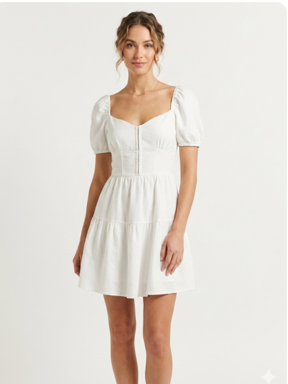 HOUSE OF HARLOW 1960 PUFF SLEEVE MINI DRESS LINEN RAYON BLEND BONE WHITE SZ LG